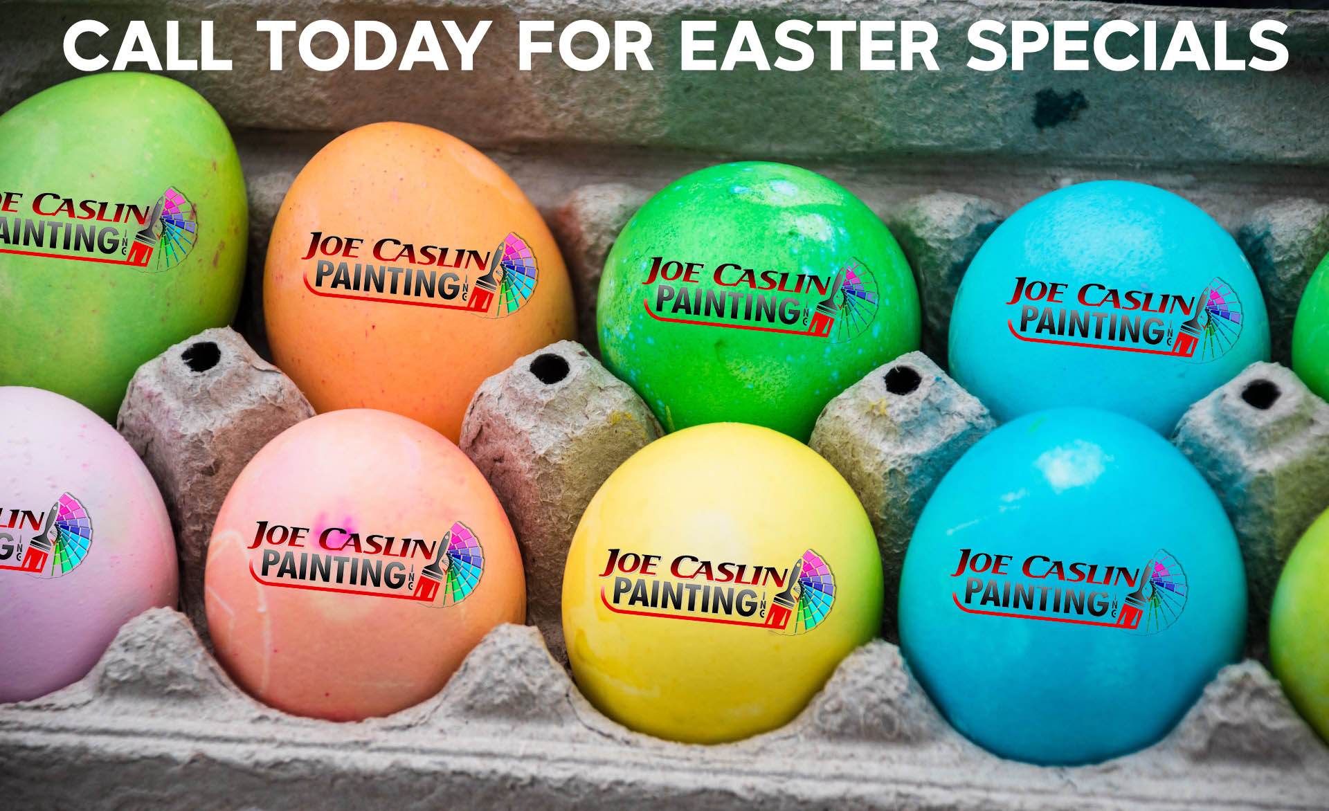 painted Easter eggs with Joe Caslin Professional Painters in Brevard County FL logo on them
